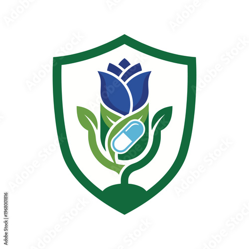 This emblem combines the imagery of a rose and a medical capsule, conveying a message of health, care, and the integration of medicine with natural healing elements.