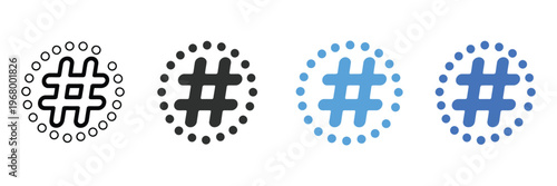 Hashtag icon set, versatile multi-style social media and trending tag icons, digital marketing and online interaction symbols, modern flat vector illustration collection for UI, social media campaigns