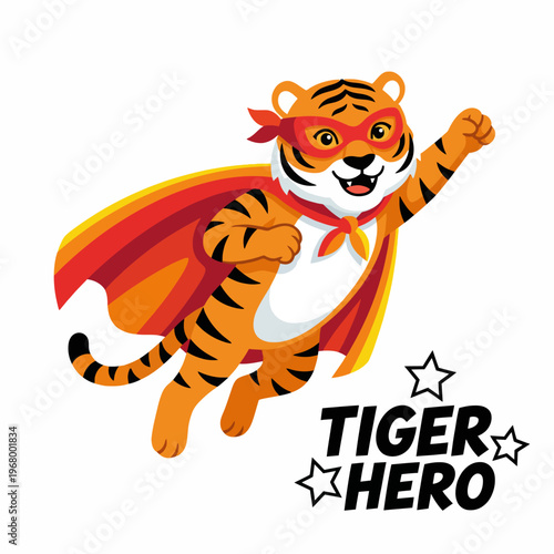 This image presents a lively superhero tiger in a dynamic pose, wearing a cape and mask, emphasizing themes of bravery, fun, and heroism for children’s content and products.