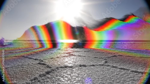 Bright sun flare with rainbow refraction over a vast salt flat