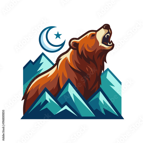 A striking depiction of a roaring bear against a backdrop of majestic mountains and a crescent moon, encapsulating the wild beauty of nature and its powerful creatures.