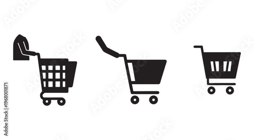 Black shopping carts with various designs on white background  shopping carts with wheels and handles