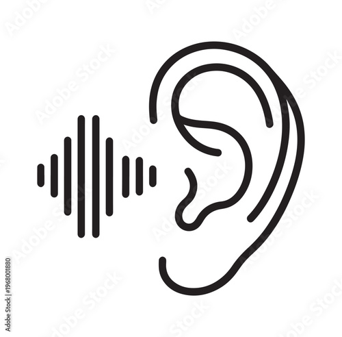 Human Ear with Sound Waves Black Outline Vector Icon Minimal Line Art Isolated on White Background