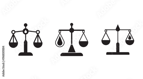 Black silhouette balance scales icons set with different positions of pans and counterweights  various balance scales in black on white background