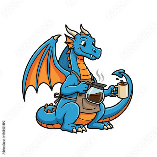 A charming blue dragon wearing an apron prepares coffee, embodying creativity and fun in a playful and whimsical style that appeals to all ages and imaginations.