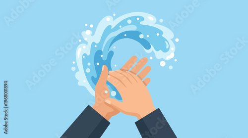 Two hands splash water in a playful wave, symbolizing freshness, vitality, and the joy of clean moments in life, set against a tranquil blue background for relaxation.