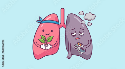 This conceptual illustration of two lungs represents the contrast between health and illness, showcasing a healthy lung with a plant and a sick lung with smoke.