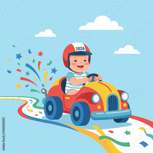 This cheerful illustration portrays an excited baby driving a bright red toy car, emphasizing the thrill of playtime, adventure, and innocence in a colorful, imaginative setting.