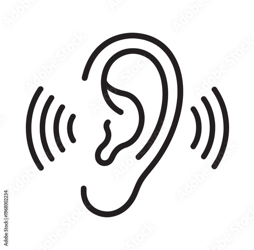 Human Ear with Sound Waves Black Outline Vector Icon Minimal Line Art Isolated on White Background