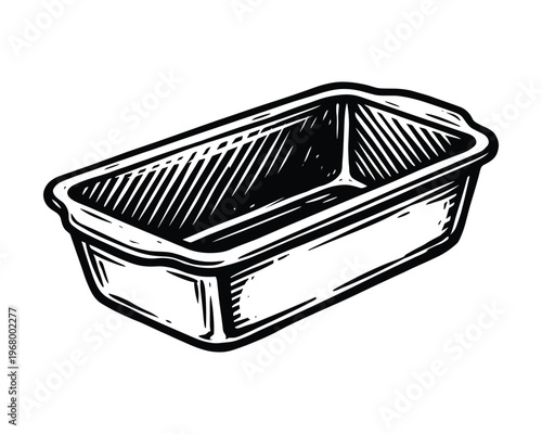 Engraved baking loaf pan, hand drawn sketch. metal baking mold. kitchenware illustration for cake or bread