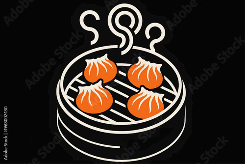 Flat vector illustration - a steaming basket with bright orange shrimp dumplings har gao
