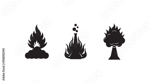 Black silhouettes of fire flames and burning tree on white background  pollution and global warming concept