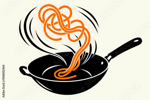 A flat vector illustration of a wok with bright orange noodles being tossed into the air