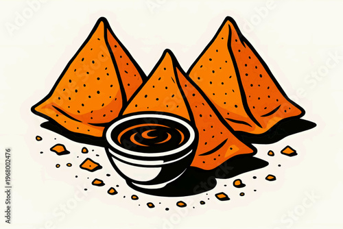 A flat vector illustration of three bright orange samosas arranged in a triangle, with a black and white dipping bowl in the center