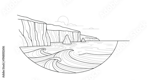 Minimalist coastal landscape line art vector, ocean waves and sea cliffs illustration, black and white nature scenery for coloring or logo design