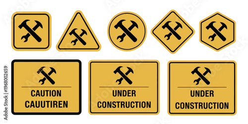 Under construction and road works sign icon set with caution symbols in black and yellow vector illustration