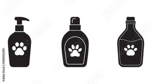 Black silhouettes of pet care product bottles with paw print designs on white background  pet grooming and care concept