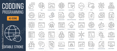 Coding and programming icons, such as developer, web, API integration, code editor and more. Editable stroke.