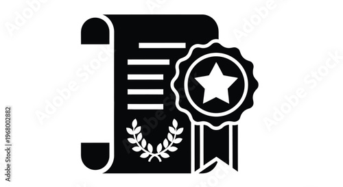 Black silhouette of a certificate with a star seal and laurel wreath design