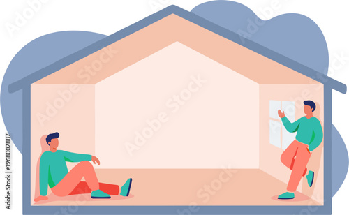 Two men interact inside a cutaway house illustration with one sitting and the other standing by a window.