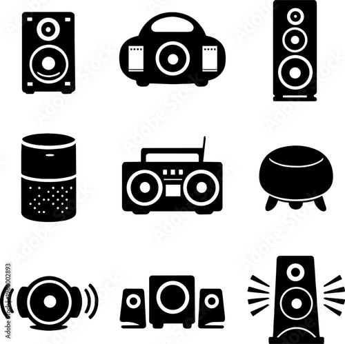 black and white illustration of various audio equipment icons