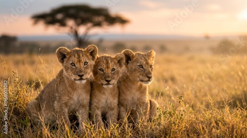 Golden Cubs of the Savannah: Three young lion cubs, bathed in the warm, golden light of the African sunrise, sit huddled together in the tall savanna grass. Their watchful eyes scan the horizon.