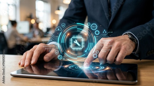 Tech Maestro's Touch: A business professional's focused interaction with a digital tablet, overlaid with a dynamic holographic representation of technology and data processing.