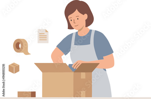Woman packing a cardboard box with paper and tape on a table indoors.