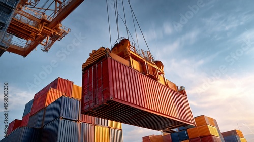 Large red shipping container being lifted by crane at a busy port with stacks of colorful containers and a clear blue sky in the background