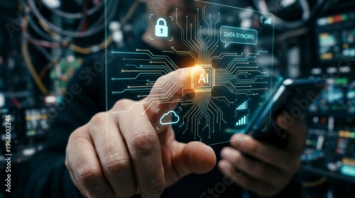 AI technology: A person interacts with an advanced artificial intelligence interface, indicating a fusion of technology and human interaction.