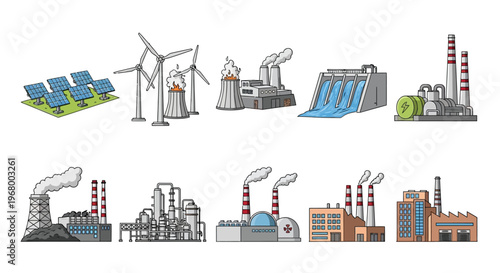 Illustration of various power generation facilities including wind solar and thermal plants