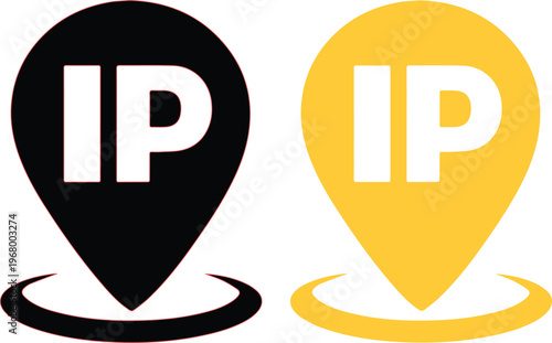 IP address location pin icon, a black and yellow vector graphic for internet protocol tracking and digital mapping. Global network connection symbol
