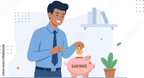 Man putting coins in savings pig on office desk with plant