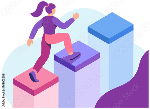 Woman climbing up colorful blocks in an abstract illustration