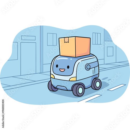 A smiling robot delivers a package on a city street with buildings.