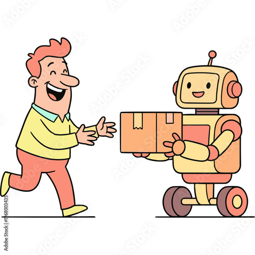 Man receiving package from robot delivering box indoors with smile