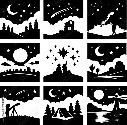 black and white silhouette night sky scenes illustrations set