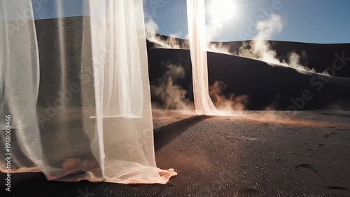 Flowing sheer curtains in a desert with bright sunlight