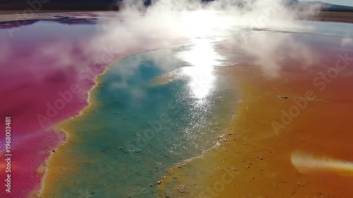 Colorful vibrant geyser hot spring with steam and sun reflections