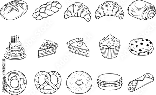 Hand Drawn Collection of Delicious Baked Goods and Desserts White Background bakery