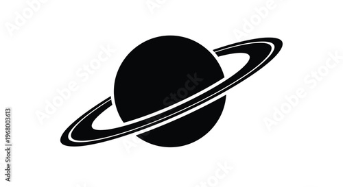 A simple black silhouette of saturn with its prominent rings against a white background