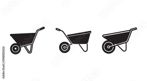 Black wheelbarrow icons in different positions on white background  construction tools