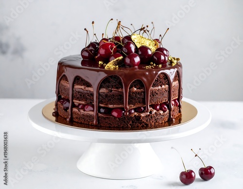 A layered chocolate cake, frosted with a glossy chocolate glaze, adorned with fresh cherries and gold accents, atop a white pedestal