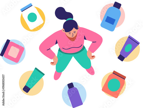 Woman surrounded by various colorful cosmetic products in tubes and bottles