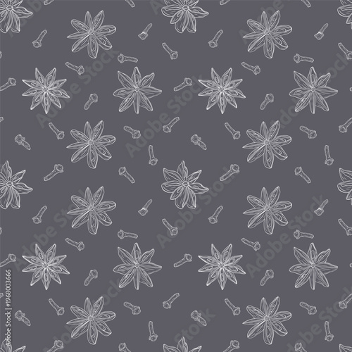 Star anise, dry cloves. Monochrome botanical seamless pattern drawing of fragrant herbs and spices. Graphic ink vector. Good for decoration of cooking, menu, decor, stickers