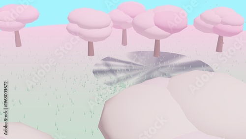 Beautiful spring landscape with blooming flowers green meadow and sunny sky