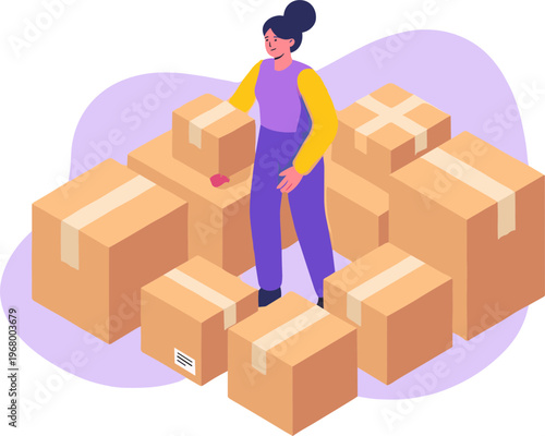 A woman stacks boxes in a warehouse loading area with packages.