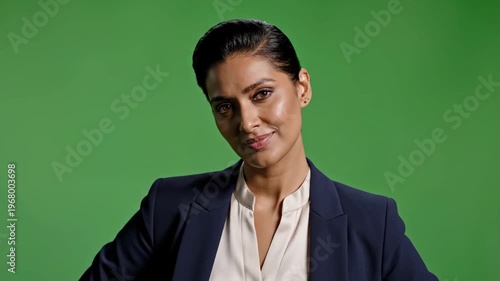 Confident professional woman with dark hair in business attire against green backdrop
