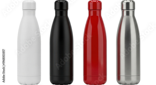Set of reusable metal water bottles in white, black, red, and silver steel. Isolated on transparent background, png