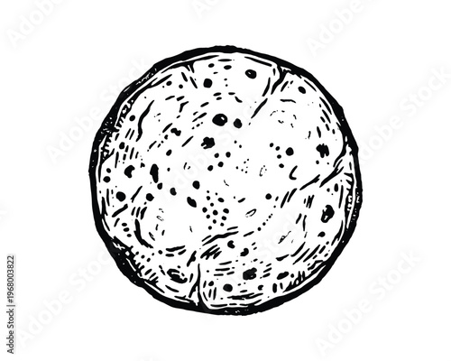 Flatbread, cooked batter circle, breakfast food element, monochrome drawing.